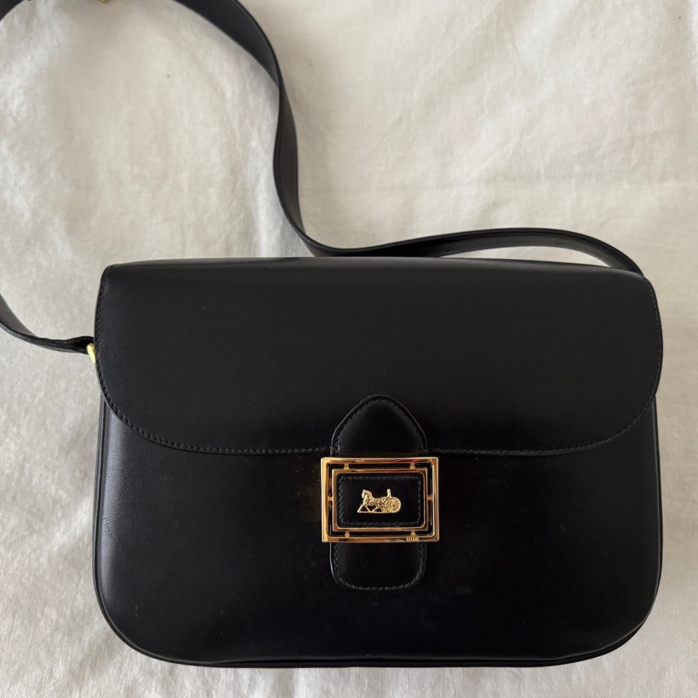 Authentic CELINE Vintage Carriage Logo Leather Crossbody Bag Black Box Calf